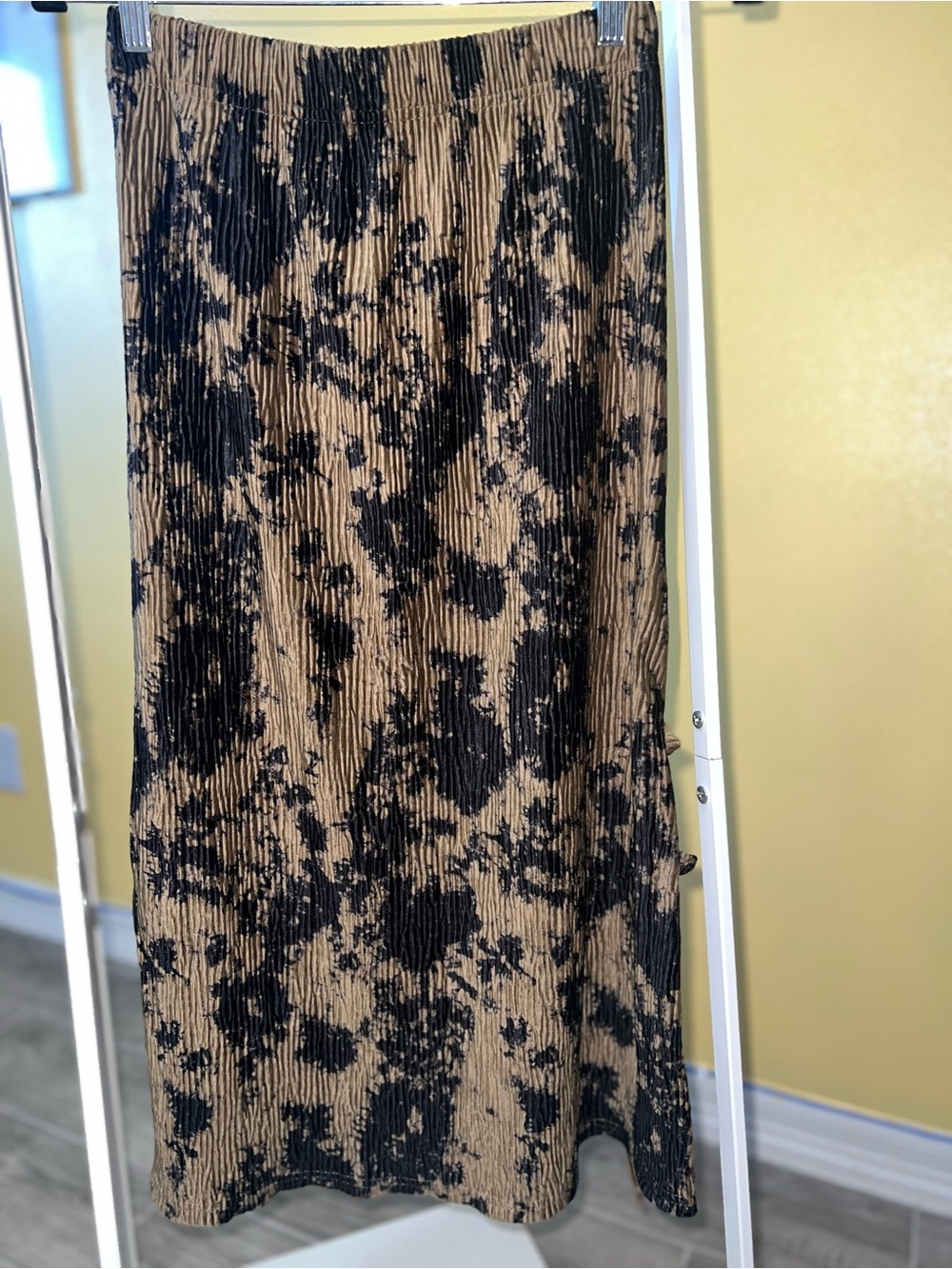 Tan and Black Printed Pleated Midi Skirt